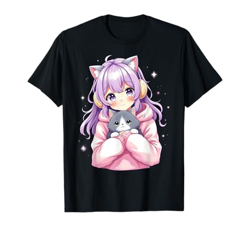 Anime Kawaii Mädchen mit Katze T-Shirt von Kawaii Anime Girl Cosplay Outfits Present