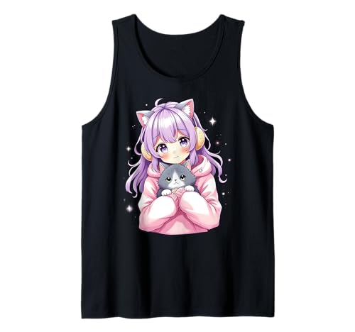 Anime Kawaii Mädchen mit Katze Tank Top von Kawaii Anime Girl Cosplay Outfits Present