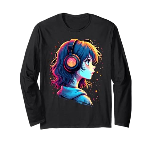 Anime Kawaii Mädchen mit Kopfhörern Langarmshirt von Kawaii Anime Girl Cosplay Outfits Present