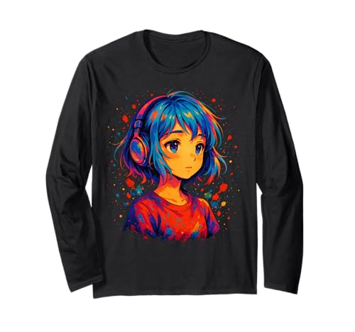 Anime Kawaii Mädchen mit Kopfhörern Langarmshirt von Kawaii Anime Girl Cosplay Outfits Present