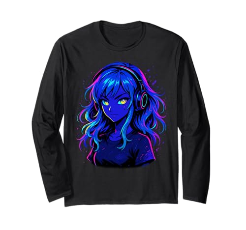 Anime Kawaii Mädchen mit Kopfhörern Otaku Langarmshirt von Kawaii Anime Girl Cosplay Outfits Present