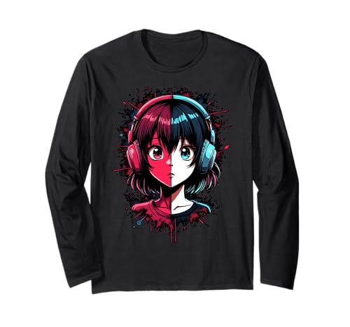 Anime Kawaii Mädchen mit Kopfhörern Otaku Langarmshirt von Kawaii Anime Girl Cosplay Outfits Present