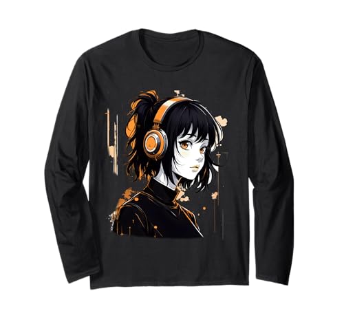 Anime Kawaii Mädchen mit Kopfhörern Otaku Langarmshirt von Kawaii Anime Girl Cosplay Outfits Present