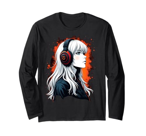 Anime Kawaii Mädchen mit Kopfhörern Otaku Langarmshirt von Kawaii Anime Girl Cosplay Outfits Present
