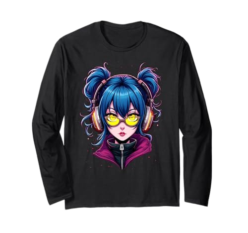 Anime Kawaii Mädchen mit Kopfhörern Otaku Langarmshirt von Kawaii Anime Girl Cosplay Outfits Present