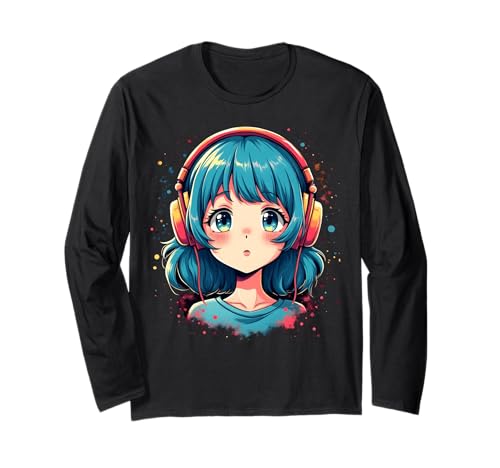 Anime Kawaii Mädchen mit Kopfhörern Otaku Langarmshirt von Kawaii Anime Girl Cosplay Outfits Present