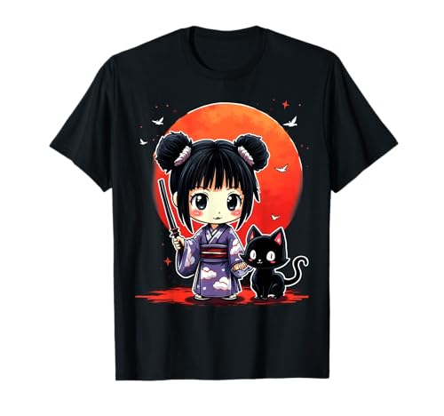 Anime-Mädchen, Samurai-Katze T-Shirt von Kawaii Anime Girl Cosplay Outfits Present