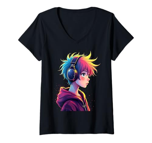Damen Anime Boy Kopfhörer T-Shirt mit V-Ausschnitt von Kawaii Anime Girl Cosplay Outfits Present