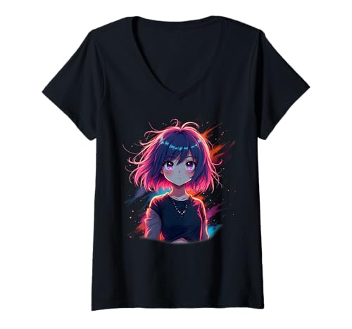 Damen Anime Girl Kawaii mit Kopfhörern Otaku T-Shirt mit V-Ausschnitt von Kawaii Anime Girl Cosplay Outfits Present