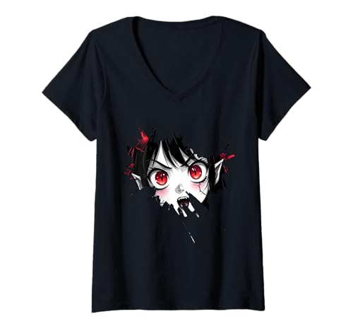 Damen Anime Halloween Mädchen T-Shirt mit V-Ausschnitt von Kawaii Anime Girl Cosplay Outfits Present