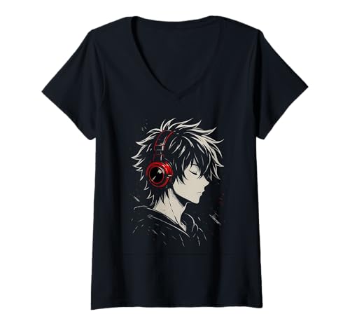 Damen Anime Kawaii Boy mit Kopfhörern Otaku T-Shirt mit V-Ausschnitt von Kawaii Anime Girl Cosplay Outfits Present