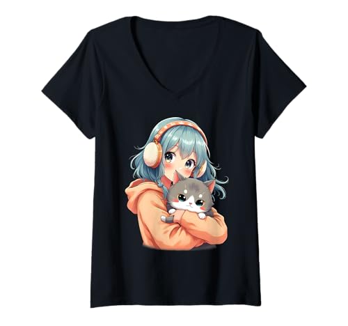 Damen Anime Kawaii Mädchen mit Katze T-Shirt mit V-Ausschnitt von Kawaii Anime Girl Cosplay Outfits Present