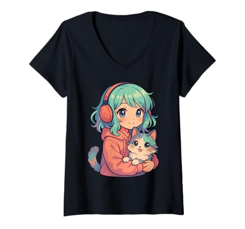 Damen Anime Kawaii Mädchen mit Katze T-Shirt mit V-Ausschnitt von Kawaii Anime Girl Cosplay Outfits Present