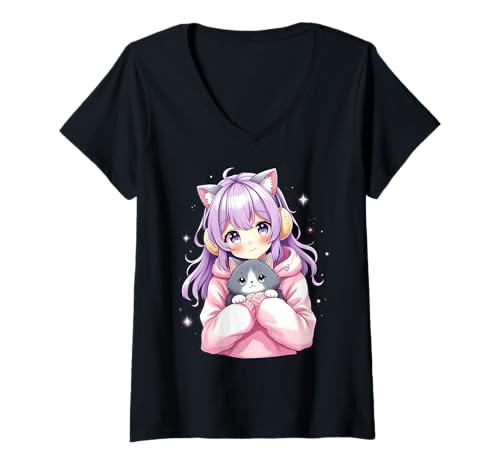 Damen Anime Kawaii Mädchen mit Katze T-Shirt mit V-Ausschnitt von Kawaii Anime Girl Cosplay Outfits Present