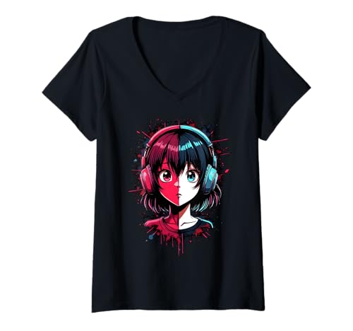 Damen Anime Kawaii Mädchen mit Kopfhörern Otaku T-Shirt mit V-Ausschnitt von Kawaii Anime Girl Cosplay Outfits Present