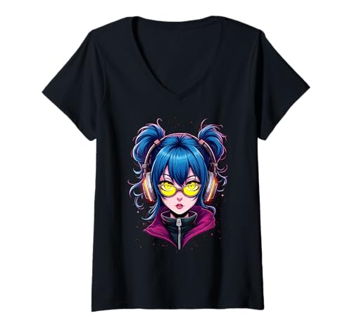 Damen Anime Kawaii Mädchen mit Kopfhörern Otaku T-Shirt mit V-Ausschnitt von Kawaii Anime Girl Cosplay Outfits Present