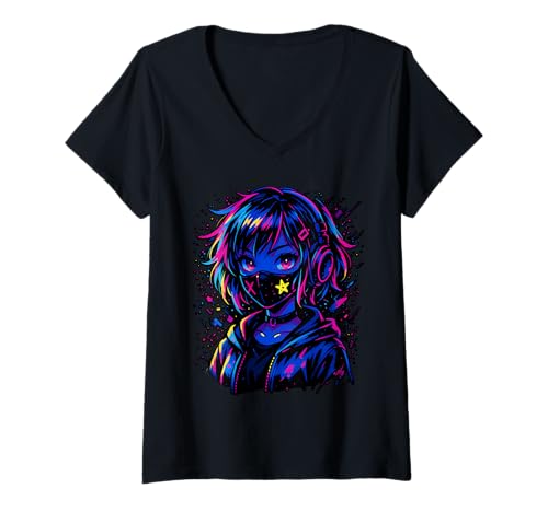 Damen Anime Kawaii Mädchen mit Kopfhörern Otaku T-Shirt mit V-Ausschnitt von Kawaii Anime Girl Cosplay Outfits Present