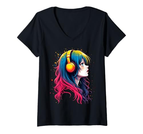 Damen Anime Kawaii Mädchen mit Kopfhörern Otaku T-Shirt mit V-Ausschnitt von Kawaii Anime Girl Cosplay Outfits Present