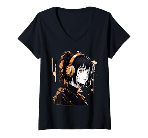 Damen Anime Kawaii Mädchen mit Kopfhörern Otaku T-Shirt mit V-Ausschnitt von Kawaii Anime Girl Cosplay Outfits Present