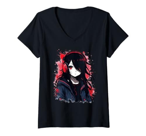 Damen Anime Kawaii Mädchen mit Kopfhörern Otaku T-Shirt mit V-Ausschnitt von Kawaii Anime Girl Cosplay Outfits Present
