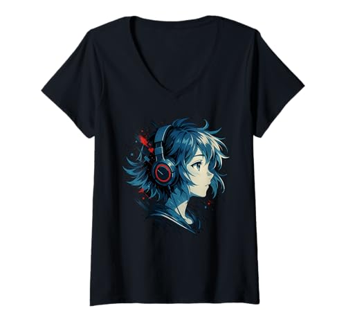 Damen Kawaii Anime Boy mit Kopfhörern Otaku T-Shirt mit V-Ausschnitt von Kawaii Anime Girl Cosplay Outfits Present