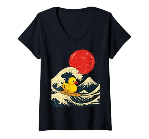 Damen Gummiente Surfen Japanisch T-Shirt mit V-Ausschnitt Damen Gummiente Surfen Japanisch T-Shirt mit V-Ausschnitt von Kawaii Anime Gummiente Surfer