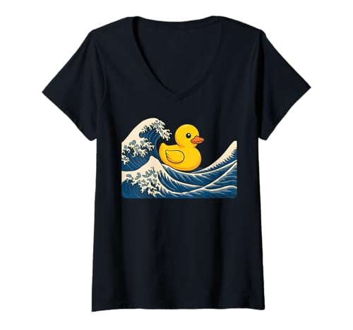 Damen Gummiente Surfen Japanisch T-Shirt mit V-Ausschnitt Damen Gummiente Surfen Japanisch T-Shirt mit V-Ausschnitt von Kawaii Anime Gummiente Surfer