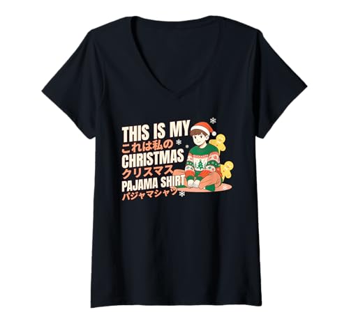 Damen Weihnachtspyjama Anime Junge Japanische Manga Otaku T-Shirt mit V-Ausschnitt von Kawaii Anime Lover Japanese Kanji XMAS PJ Design