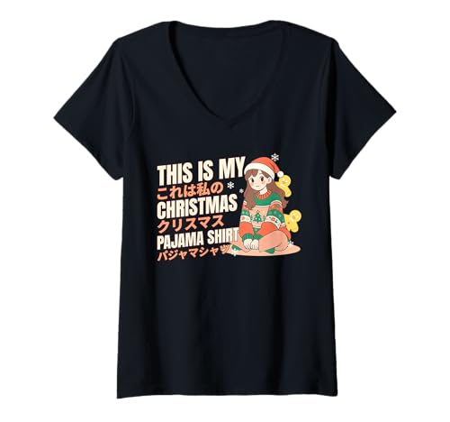 Damen Weihnachtspyjama Anime Mädchen Japanische Manga Otaku T-Shirt mit V-Ausschnitt von Kawaii Anime Lover Japanese Kanji XMAS PJ Design