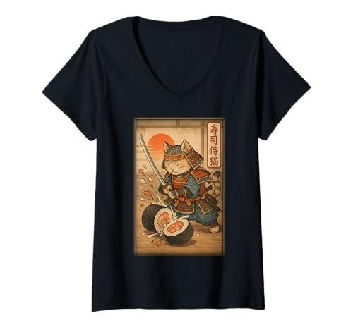 Damen Lustige Sushi Samurai Katze Dojo Sonnenuntergang Ukiyo-e Manga Kanji Art T-Shirt mit V-Ausschnitt Damen Lustige Sushi Samurai Katze Dojo Sonnenuntergang Ukiyo-e Manga Kanji Art T-Shirt mit V-Ausschnitt von Kawaii Anime Men Women Boys Girls kaiju Gift Ideas