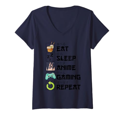 Damen Eat Sleep Anime Gaming Repeat Kawaii Otaku Manga T-Shirt mit V-Ausschnitt Damen Eat Sleep Anime Gaming Repeat Kawaii Otaku Manga T-Shirt mit V-Ausschnitt von Kawaii Anime Merch Manga For Men Women Kids