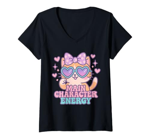 Damen Charakter Energie Kawaii Katze Pastell Ästhetik T-Shirt mit V-Ausschnitt Damen Charakter Energie Kawaii Katze Pastell Ästhetik T-Shirt mit V-Ausschnitt von Kawaii Attitude Collective