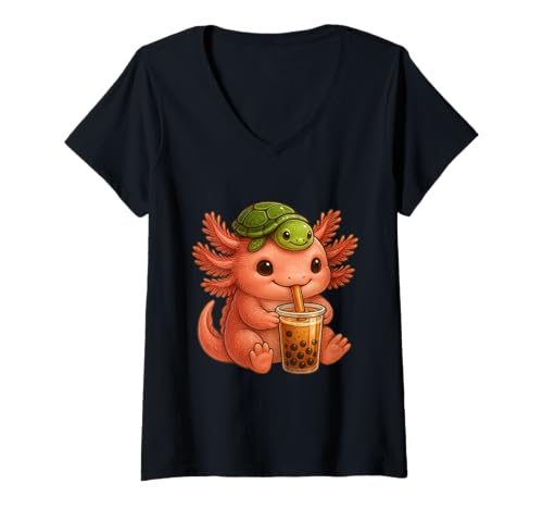 Damen Axolot Trägt Schildkröte Rucksack Boba Tea Kawaii Axolots Liebhaber T-Shirt mit V-Ausschnitt Damen Axolot Trägt Schildkröte Rucksack Boba Tea Kawaii Axolots Liebhaber T-Shirt mit V-Ausschnitt von Kawaii Axolot Boba Tea with Turtle Backpack Tee