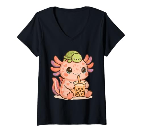 Damen Axolot Trägt Schildkröte Rucksack Boba Tea Kawaii Axolots Liebhaber T-Shirt mit V-Ausschnitt Damen Axolot Trägt Schildkröte Rucksack Boba Tea Kawaii Axolots Liebhaber T-Shirt mit V-Ausschnitt von Kawaii Axolot Boba Tea with Turtle Backpack Tee