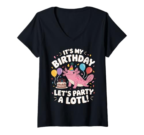 Damen It's My Birthday Let's Party a Lotl Fun Party Kawaii Axolotl T-Shirt mit V-Ausschnitt von Kawaii Axolotl Birthday Family Party Designs