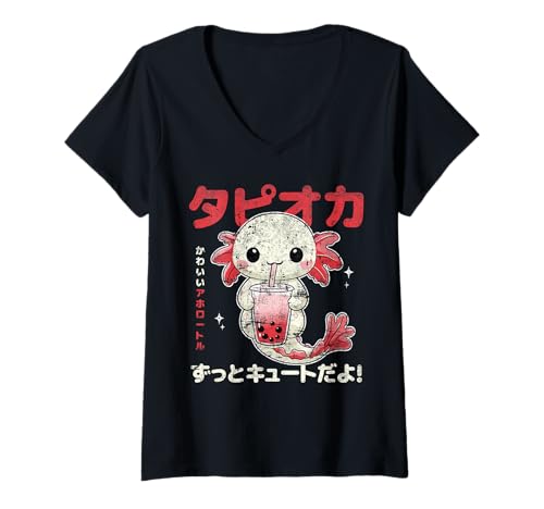 Damen Vintage japanische ästhetische Kawaii Axolotl Boba Cute Anime T-Shirt mit V-Ausschnitt Damen Vintage japanische ästhetische Kawaii Axolotl Boba Cute Anime T-Shirt mit V-Ausschnitt von Kawaii Axolotl Boba Japanese Cute Anime Aesthetic
