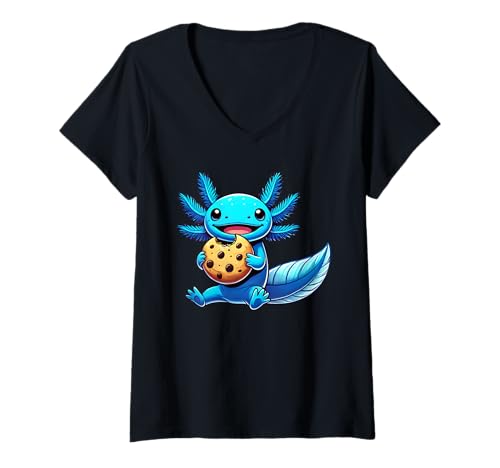 Damen Kawaii Axolotl Eating Cookie T-Shirt mit V-Ausschnitt von Kawaii Axolotl Eating Cookie Food Lover Apparel