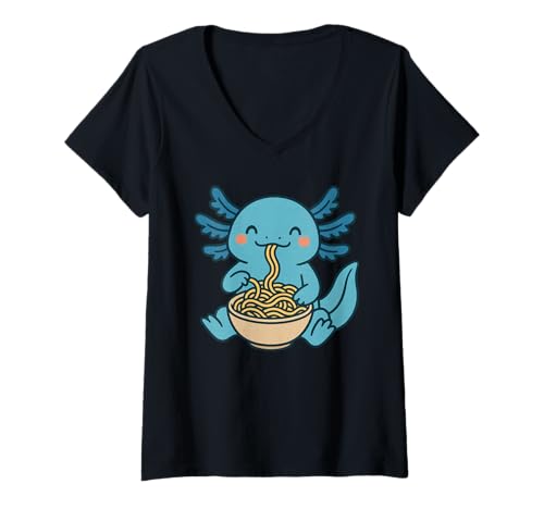 Damen Kawaii Axolotl Eating Spaghetti Pasta T-Shirt mit V-Ausschnitt von Kawaii Axolotl Eating Spaghetti Pasta Apparel