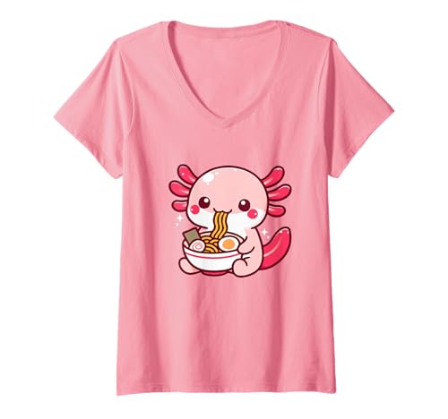 Damen Kawaii Axolotl Ramen Nudeln Japanisch Niedlich Ästhetik Anime T-Shirt mit V-Ausschnitt Damen Kawaii Axolotl Ramen Nudeln Japanisch Niedlich Ästhetik Anime T-Shirt mit V-Ausschnitt von Kawaii Axolotl Ramen Cute Anime Teens Kids Girls