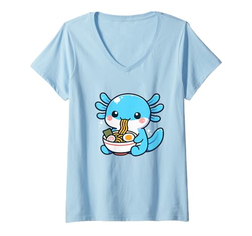 Damen Kawaii Axolotl Ramen Nudeln Japanisch Niedlich Ästhetik Anime T-Shirt mit V-Ausschnitt Damen Kawaii Axolotl Ramen Nudeln Japanisch Niedlich Ästhetik Anime T-Shirt mit V-Ausschnitt von Kawaii Axolotl Ramen Cute Anime Teens Kids Girls