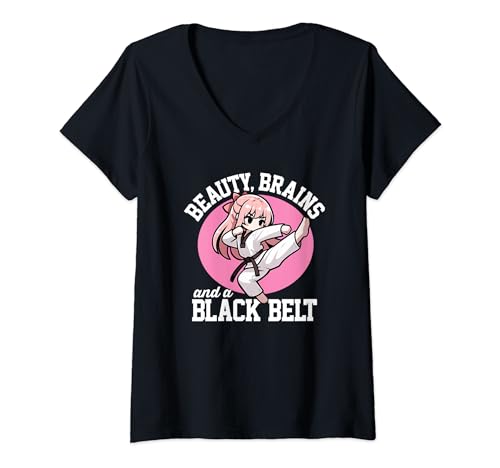 Damen Schöne Gehirne und ein schwarzer Gürtel Süßes Mädchen Martial Arts Kawaii T-Shirt mit V-Ausschnitt Damen Schöne Gehirne und ein schwarzer Gürtel Süßes Mädchen Martial Arts Kawaii T-Shirt mit V-Ausschnitt von Kawaii Black Belt Girl Kick Manga Style Design