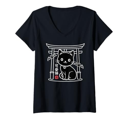 Damen Gruselige süße japanische Katze - Kawaii Tokyo Kawaii Neko T-Shirt mit V-Ausschnitt Damen Gruselige süße japanische Katze - Kawaii Tokyo Kawaii Neko T-Shirt mit V-Ausschnitt von Kawaii Black Cat Torii Gate - Japanese Aesthetic
