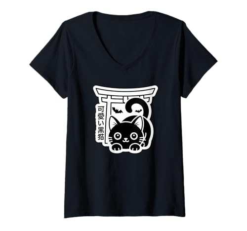 Damen Kawaii Kuroneko Torii - Halloween-Ästhetik auf der Straße von Tokio T-Shirt mit V-Ausschnitt Damen Kawaii Kuroneko Torii - Halloween-Ästhetik auf der Straße von Tokio T-Shirt mit V-Ausschnitt von Kawaii Black Cat Torii Gate - Japanese Aesthetic