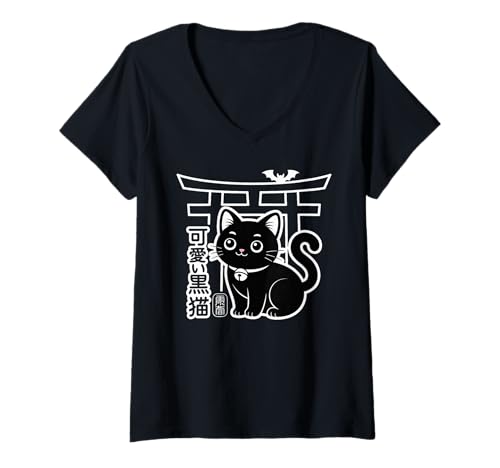 Damen Kawaii Neko at Torii Gate - Gruselige japanische Katze ästhetisch T-Shirt mit V-Ausschnitt Damen Kawaii Neko at Torii Gate - Gruselige japanische Katze ästhetisch T-Shirt mit V-Ausschnitt von Kawaii Black Cat Torii Gate - Japanese Aesthetic