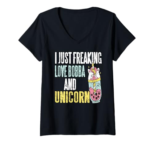 Damen Ich Liebe Bobba und Einhorn Trinken Lustig T-Shirt mit V-Ausschnitt Damen Ich Liebe Bobba und Einhorn Trinken Lustig T-Shirt mit V-Ausschnitt von Kawaii Boba Einhorn Süßer Fanartikel