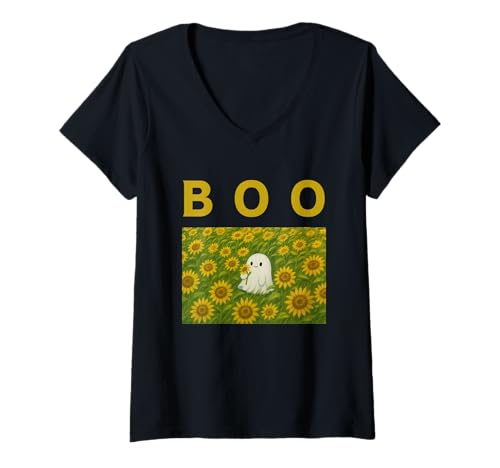 Damen Boo Cute Ghost Sunflower Field, lustige Halloween-Gruselsaison T-Shirt mit V-Ausschnitt Damen Boo Cute Ghost Sunflower Field, lustige Halloween-Gruselsaison T-Shirt mit V-Ausschnitt von Kawaii Boo Cozy Pastel Aesthetic Halloween Costume
