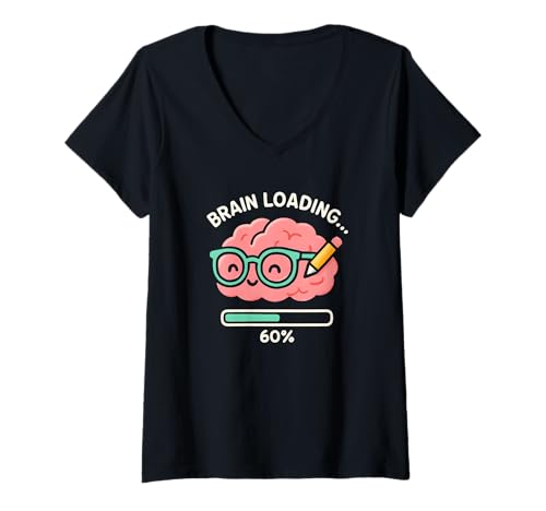 Damen Gehirn Loading Cute Cartoon Design Back to School Thinking T-Shirt mit V-Ausschnitt von Kawaii Brain With Glasses and a Pencil Graphic