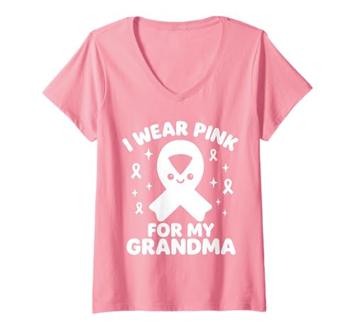 Damen Ich trage Rosa, um bei meiner Oma Kawaii auf Krebs aufmerksam zu Machen T-Shirt mit V-Ausschnitt von Kawaii Cancer Awareness Grandma Support Tees