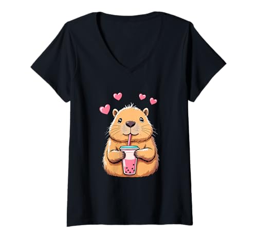 Damen Capybara Boba Tea Kawaii Cute Hearts Anime Style T-Shirt mit V-Ausschnitt Damen Capybara Boba Tea Kawaii Cute Hearts Anime Style T-Shirt mit V-Ausschnitt von Kawaii Capybara Boba Tea Anime Cute Hearts