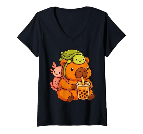 Damen Capybara trägt Schildkröte und Axolot Rucksack Boba Tea Kawaii T-Shirt mit V-Ausschnitt Damen Capybara trägt Schildkröte und Axolot Rucksack Boba Tea Kawaii T-Shirt mit V-Ausschnitt von Kawaii Capybara Boba Tea with Axolotl Backpack Tee